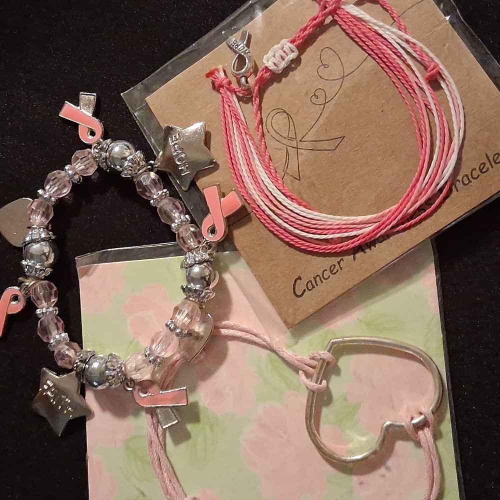 Pink Ribbon Cancer Awarness Bracelet Set expandable & Slide . All 3